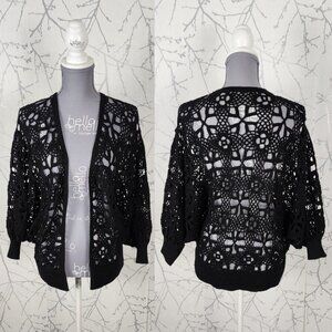 Karen Kane Black 100% Merino Wool Crochet Open Cardigan